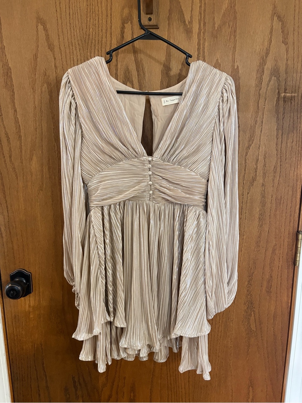 By Together Pleated V-Neck Mini Dress in Champagne Beige